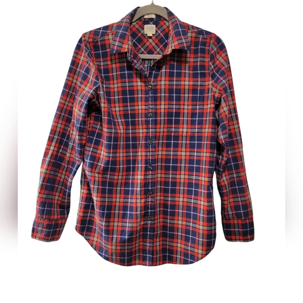 J.Crew, Flannel, Boy Fit, Button Down, Long Sleeve, Collar, Blue Red White, Wo S